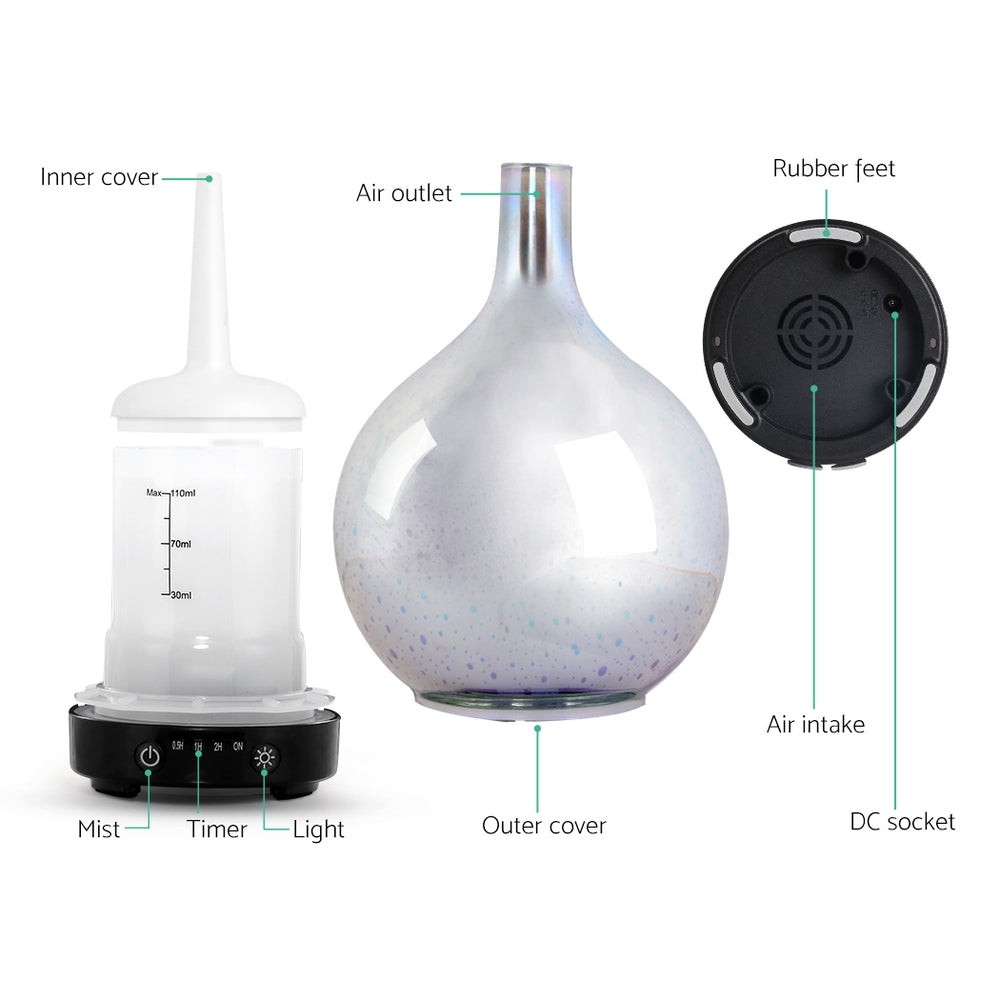 Devanti 100ml 3D Glass Aroma Diffuser for Essential Oils - Ultrasonic Aromatherapy Humidifier with 7 Color LED Lights, Perfect for Bedroom, Yoga & Spa Relaxation