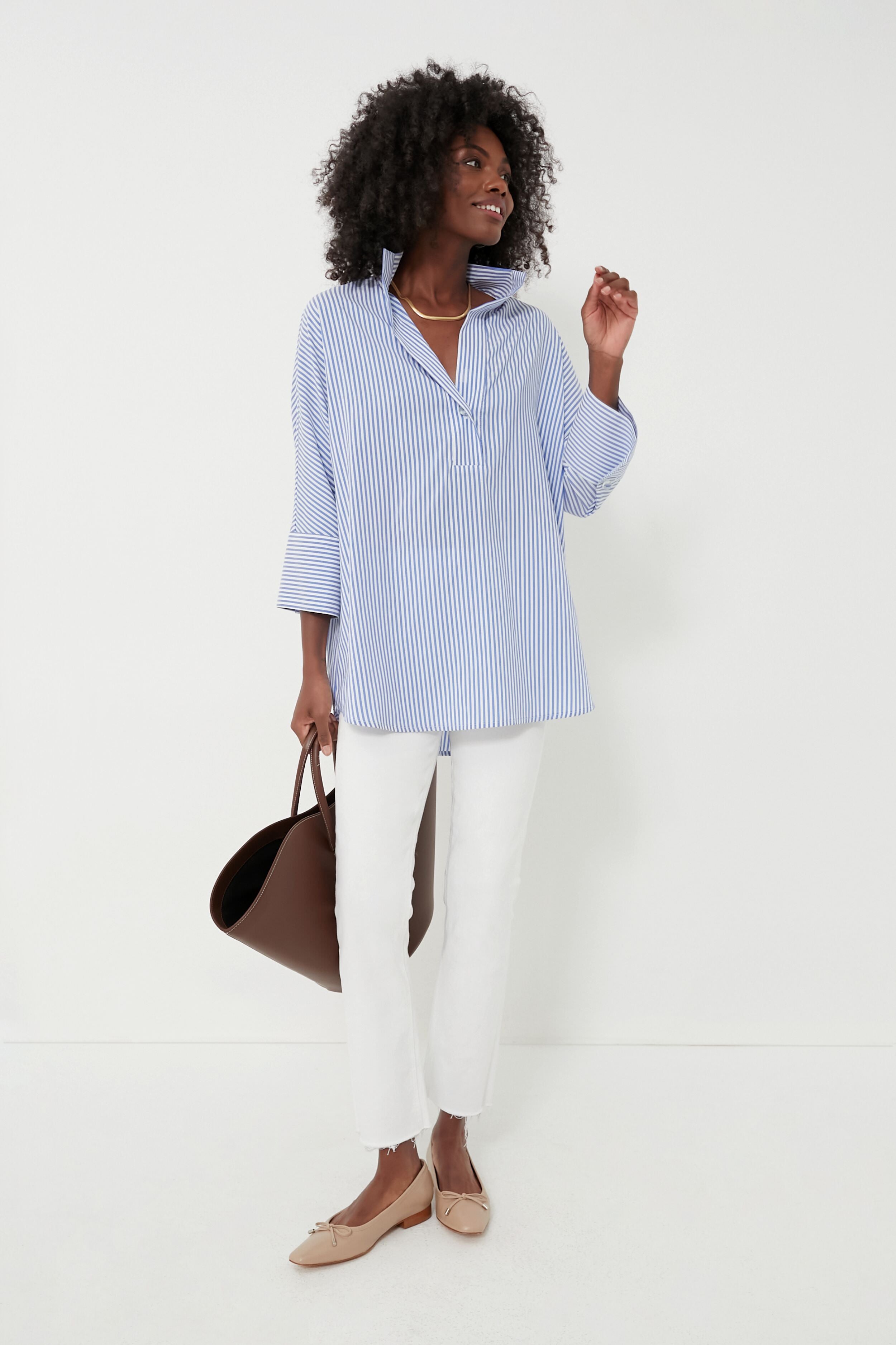 Blue Stripe Willow Blouse - Women's Stylish Floral Print Tunic Top for Casual Wear & Office Outfits | Perfect for Spring & Summer Fashion