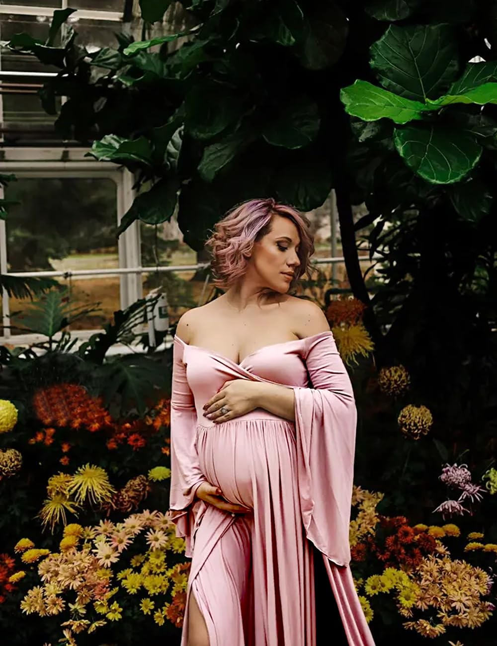 VSNOW Maternity Photoshoot Dress - Elegant Off Shoulder Drop Sleeve Maxi Gown with High Slit for Pregnancy Photography, Baby Shower & Maternity Portraits