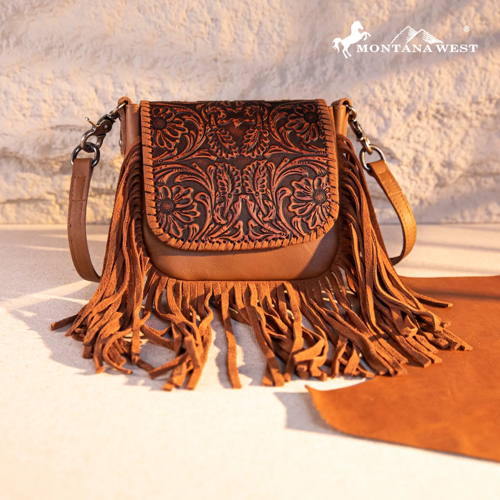 Montana West Genuine Leather Tooled Fringe Crossbody Purse for Women - Western Boho Handbag for Everyday Use, Travel & Festival Accessories