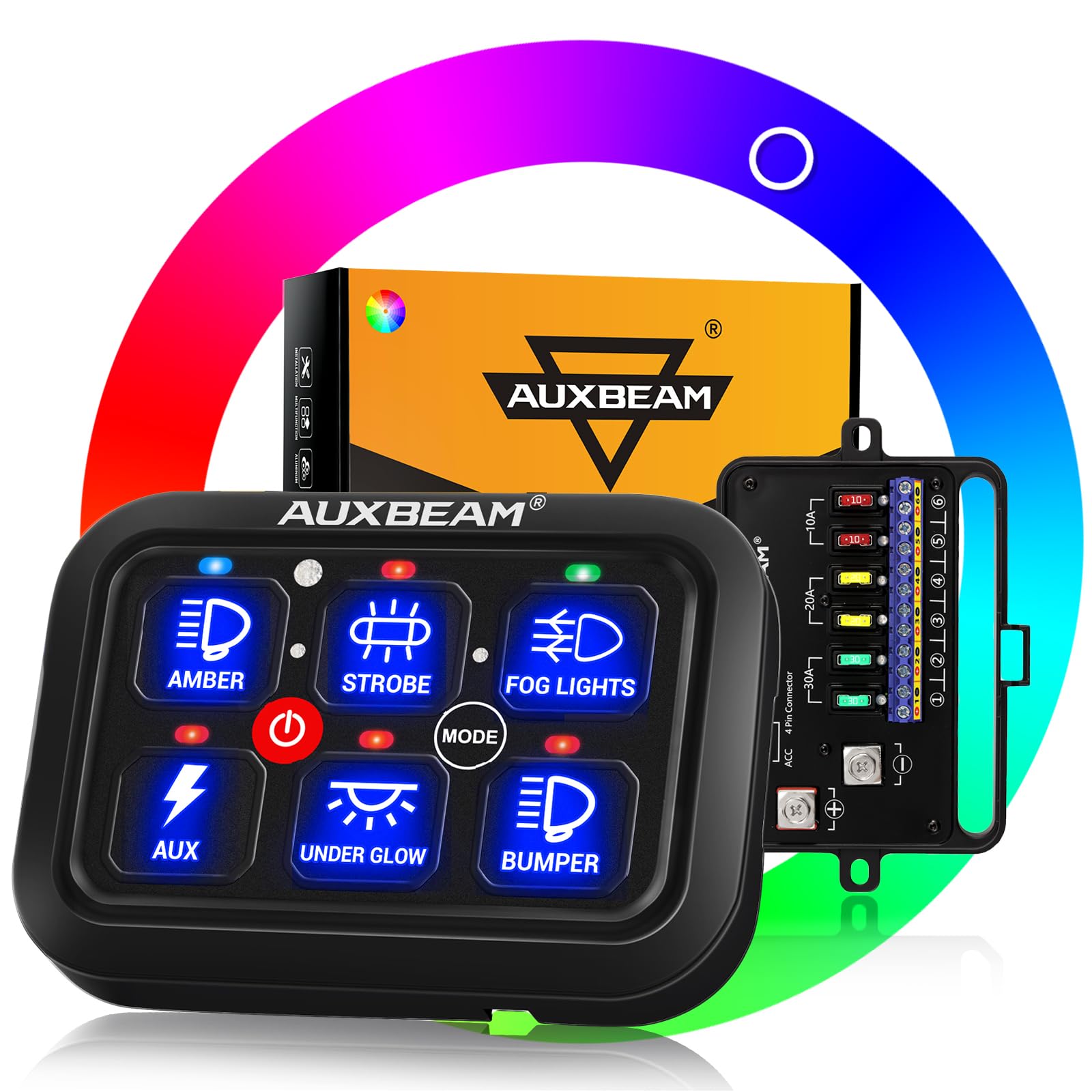 Auxbeam RGB 6 Gang Switch Panel RA60 Auto-Dimmable with Momentary Toggle & Pulsed Memory Function - 12-24V Waterproof Switch Panel for Truck, UTV, Car, Boat - Perfect for Off-Road, Marine & Automotive Customization - 2-Year Warranty