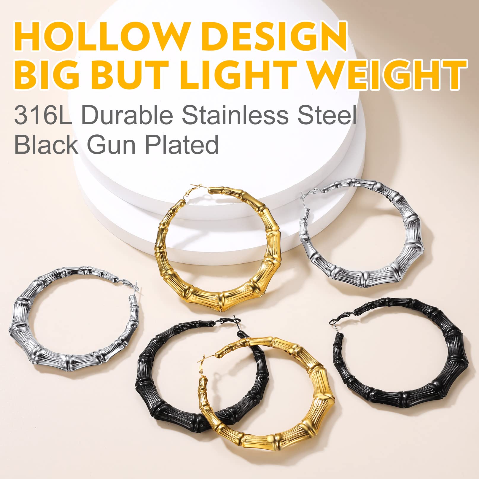 Bandmax Hypoallergenic Bamboo Hoop Earrings for Women - 30/40/60/80mm Large Hoop Earrings in Gold, Black & Stainless Steel - 90s Retro Jewelry for Women & Girls - Perfect for Parties, Work & Everyday Wear