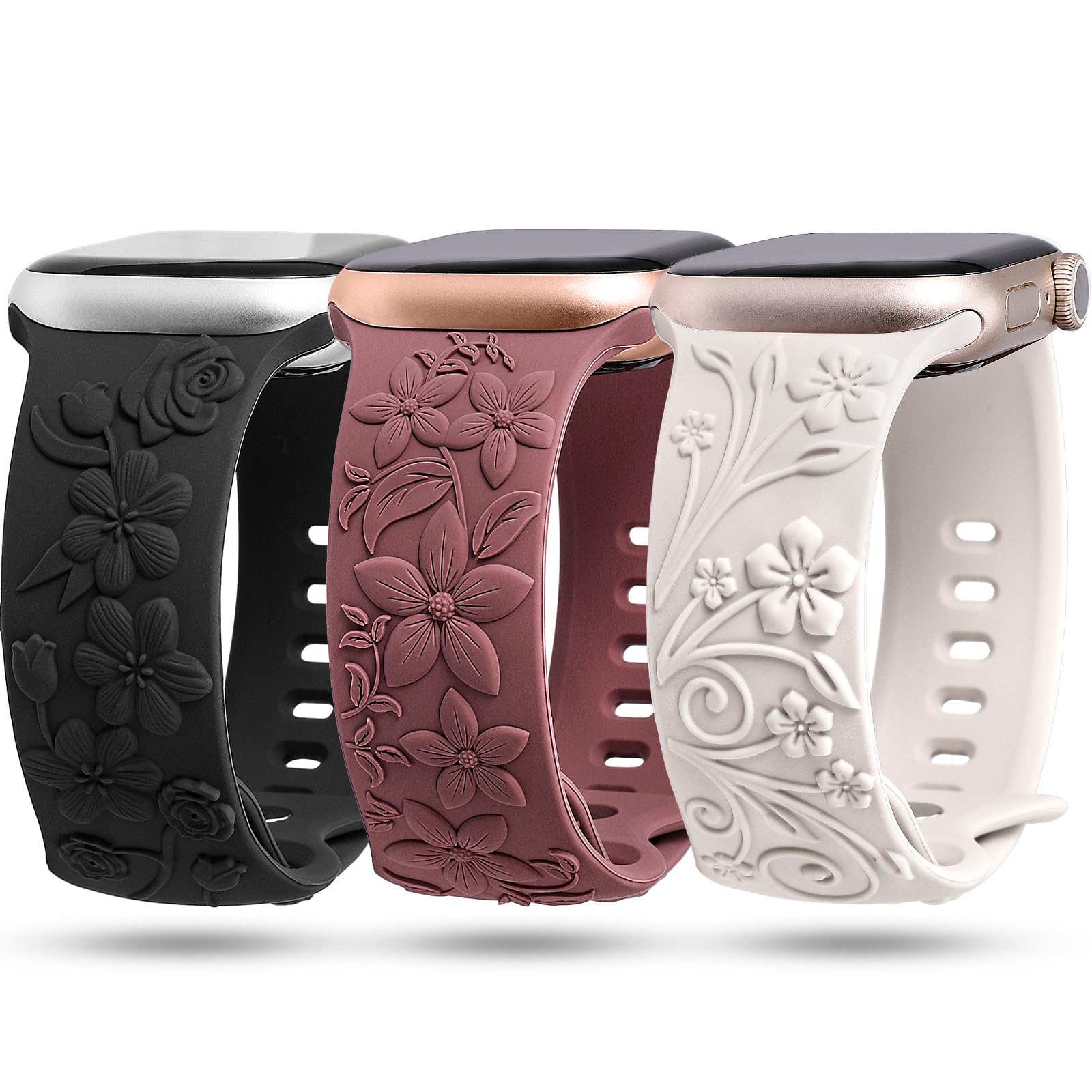 TOYOUTHS 3 Pack Floral Engraved Apple Watch Bands for Women - Soft Silicone Bracelet Compatible with iWatch Series SE/9/8/7/6/5/4/3/2/1 (38mm/40mm/41mm/42mm) - Cute Embossed Flower Design in Starlight/Violet/Black - Perfect for Workout, Daily Wear & Fashion Accessories