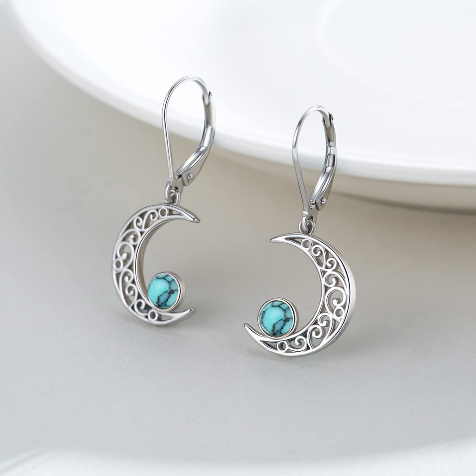 Celtic Moon Earrings for Women - 925 Sterling Silver Opal, Moss Agate & Turquoise Dangle Earrings | Hypoallergenic Star and Moon Jewelry | Perfect Gift for Birthday, Anniversary & Boho Fashion Accessories