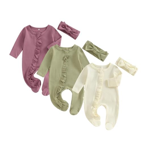 Merqwadd Baby Girl Zipper Pajama Footies 3-Pack - Soft Cotton Ruffle Sleepers for Newborns & Infants | Perfect for Coming Home Outfits, Nursery Wear & Cozy Bedtime