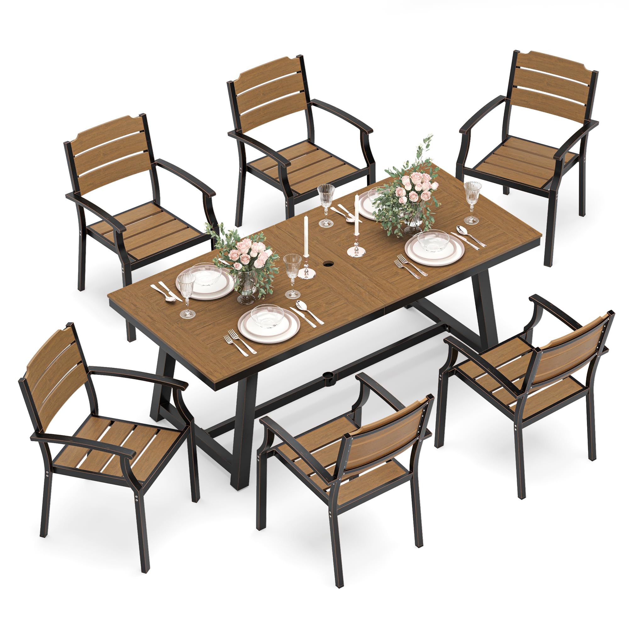 7-Piece Outdoor Patio Dining Set - All-Weather HDPS Table & Chairs with Umbrella Hole - Brown Oil Printed Patio Furniture for Backyard, Garden & Poolside Relaxation