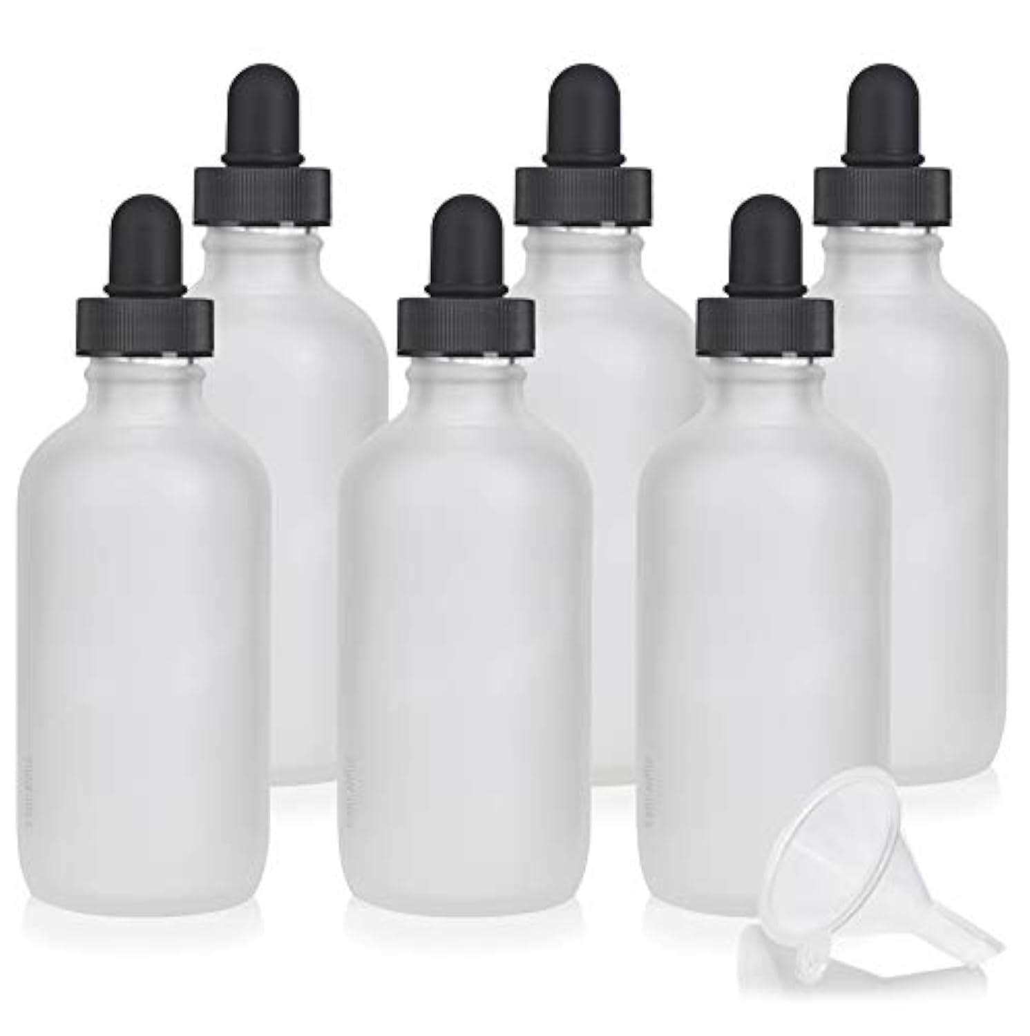 JUVITUS 4 oz Frosted Clear Glass Boston Round Bottle with Black Glass Dropper - 6 Pack Set Includes Funnel for Essential Oils, DIY Beauty Products & Herbal Remedies