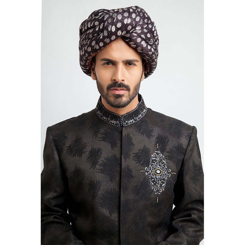 Elegant Black Jacquard Sherwani with Zardozi Embroidery - Slim Fit Indian Wedding Sherwani for Men | Perfect for Groom Outfits, Festive Celebrations & Special Occasions