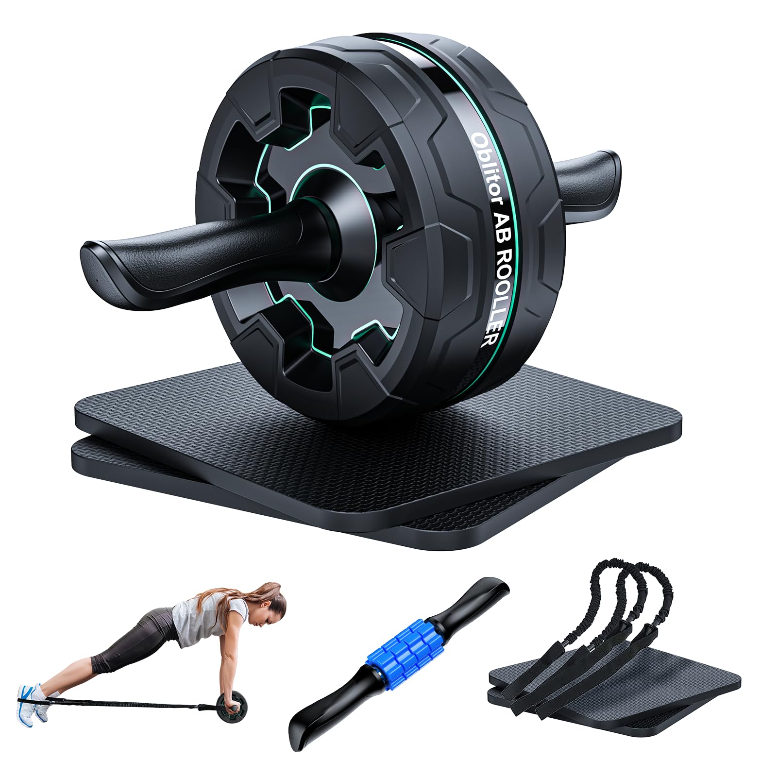 4-in-1 Ab Roller Wheel with Resistance Bands & Knee Pad - Core Abdominal Workout Equipment for Men & Women - Home Gym Fitness Gear for Strength Training & Muscle Toning - Perfect for Home Workouts, Office Exercises, and Gym Sessions