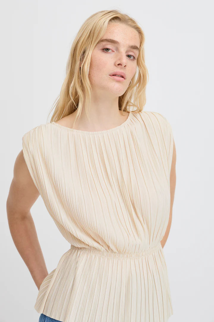 Ana Plisse Sleeveless Top for Women - Soft Almond Milk Color Summer Blouse - Perfect for Casual Outings, Beach Vacations & Date Nights