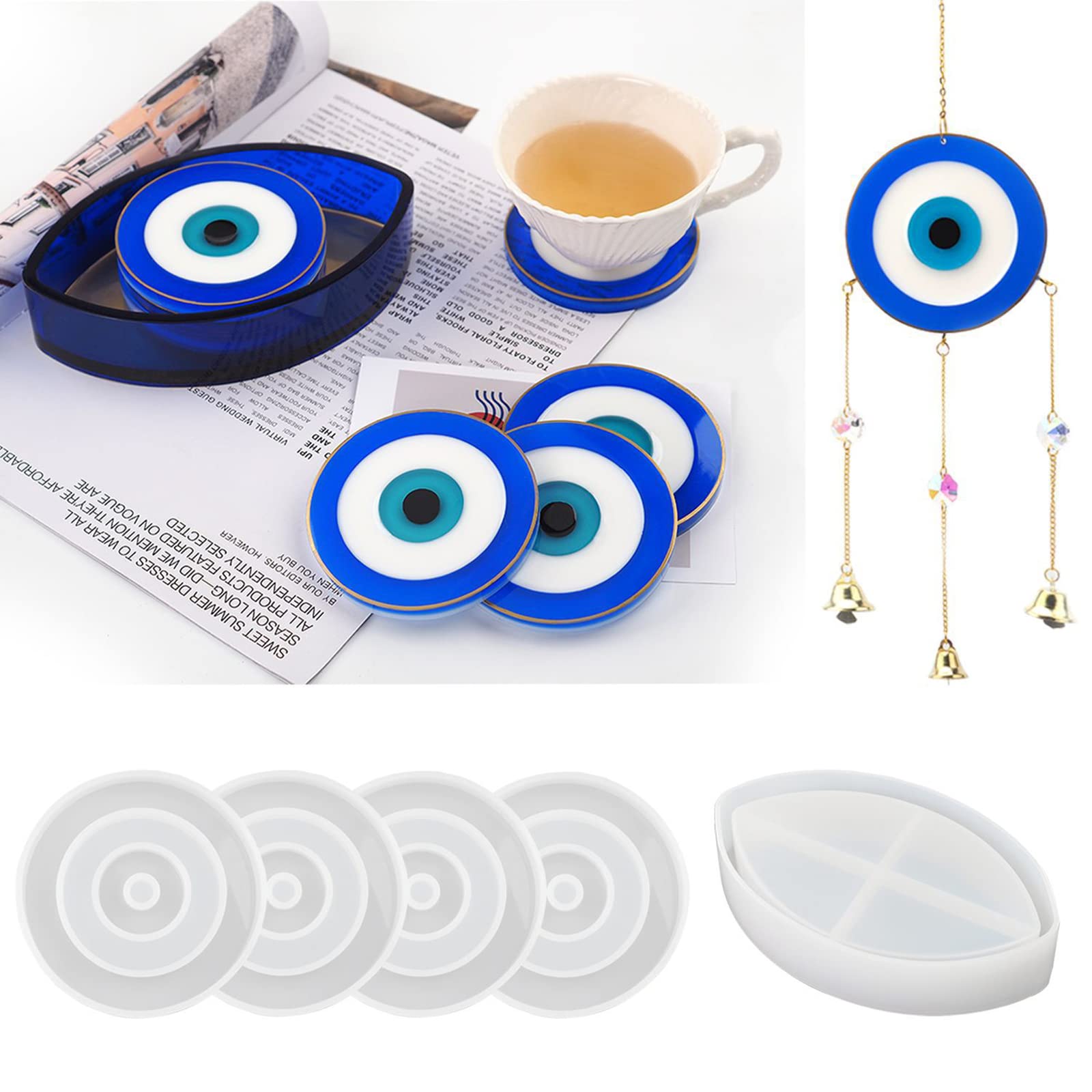 AIZHIYI Resin Coaster Molds Set - 4/2 Pcs Silicone Coaster Molds with Storage Box for DIY Epoxy Resin Casting, Cup Mats & Home Decor (Demon Eye Design) - Perfect for Crafting Unique Drink Coasters, Gift Making & Tabletop Decorations