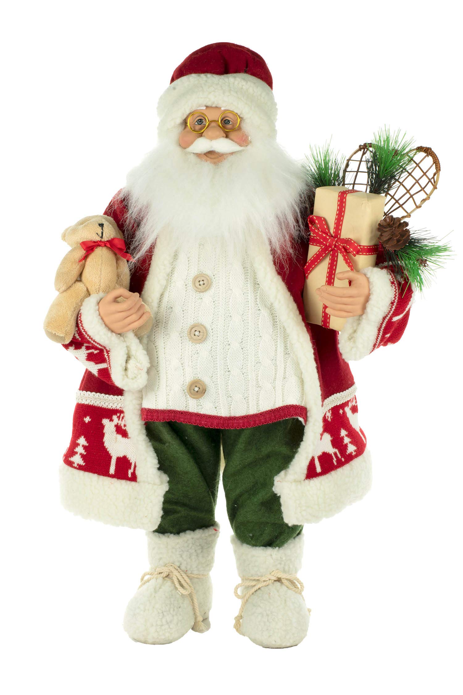 24'' Red Fabric Reindeer Jacket with Santa Claus Holding Teddy Bear - Christmas Holiday Decor, Party Costume & Festive Home Decoration