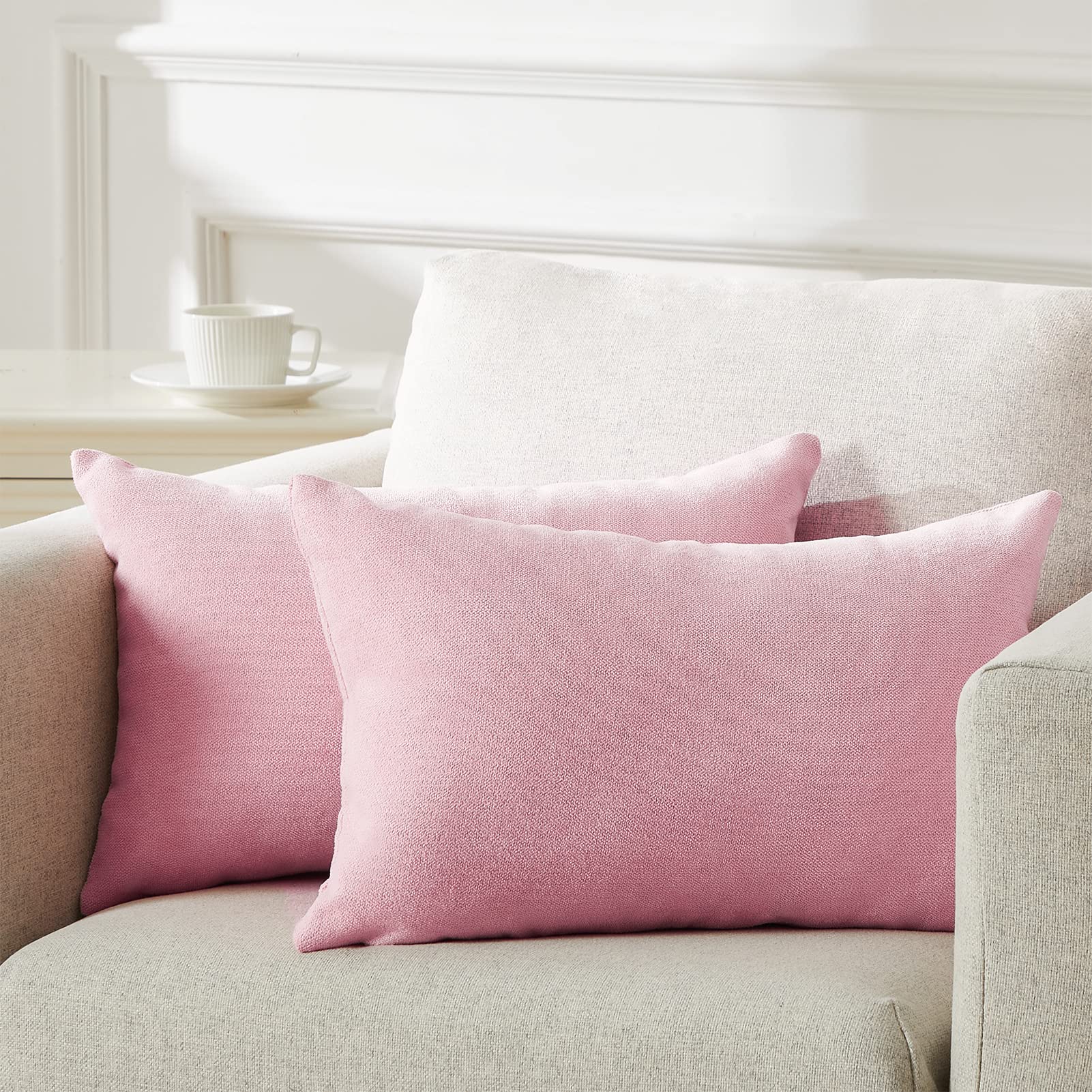 Premium Chenille Throw Pillow Covers - Soft Decorative Cushion Covers 12x20 Inches (Pack of 2) for Sofa, Bed, Car & Home Decor - Solid Baby Pink - Perfect for Living Room, Nursery & Cozy Spaces