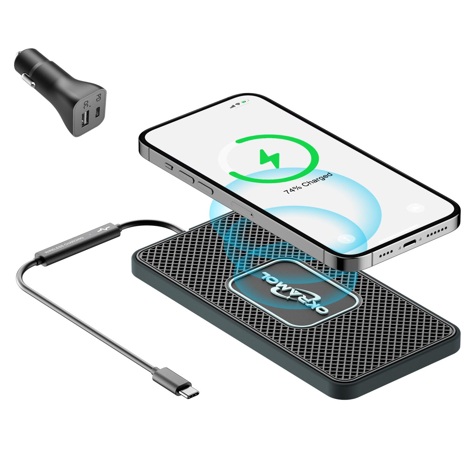 Wireless Car Charger with Type C Fast Charging Pad - Multi-Device Charging Station for iPhone 15/14/13/12 Pro/Max, AirPods & Samsung S20/S21/S22/S23 - Includes 30CM Cable | Perfect for Road Trips & Daily Commute