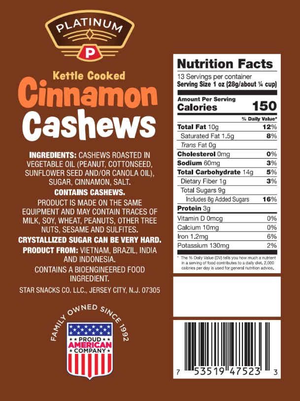 Premium Platinum Kettle Cooked Cinnamon Cashews - Vegan Protein Snack with Fiber | Sweet & Spicy Flavored Healthy Nuts | 13oz Resealable Pouch for Home, Office, Gym & School | Perfect for Energy Boosting & On-the-Go Snacking