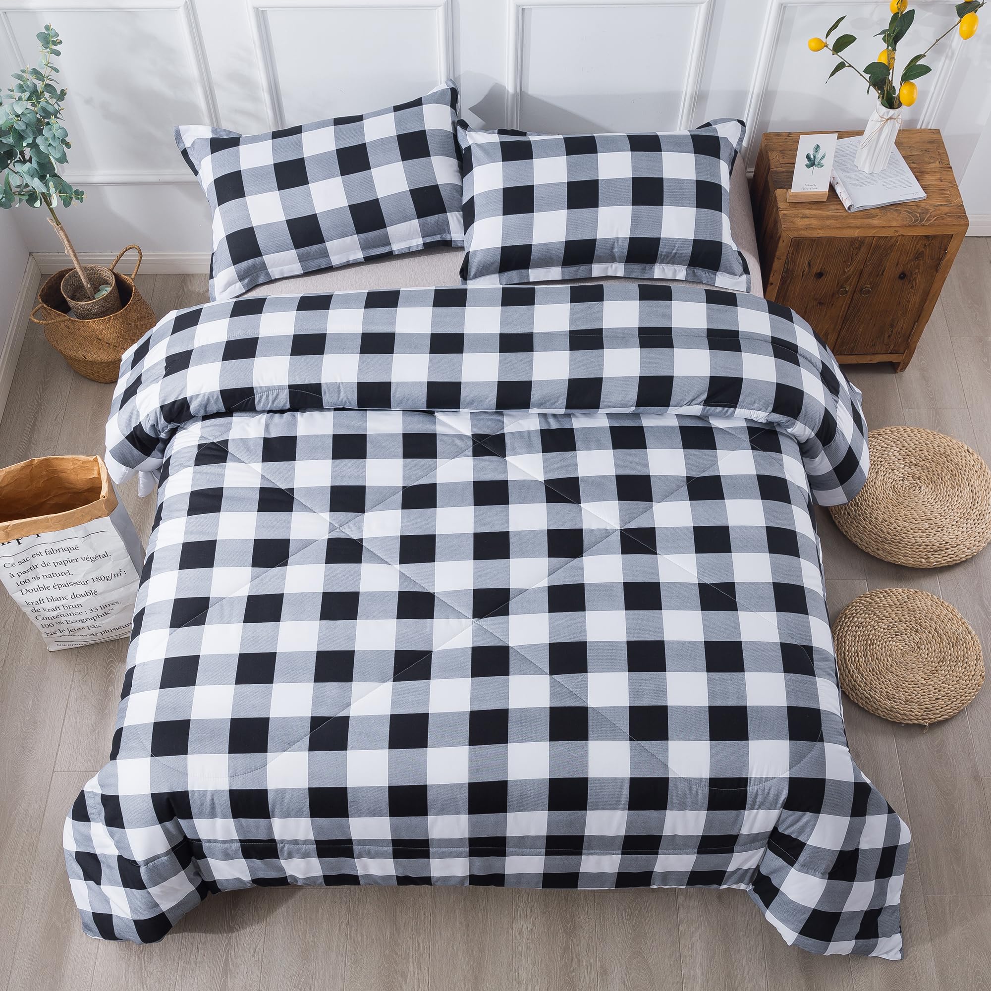 Andency Gray Black White Plaid Queen Comforter Set - Reversible Buffalo Check Bedding for Boys & Teens | All-Season Lightweight Microfiber Comforter | Soft & Fluffy Neutral Bedding for Queen Size Beds | Perfect for Dorm Rooms, Guest Bedrooms & Cozy Teen Bedrooms