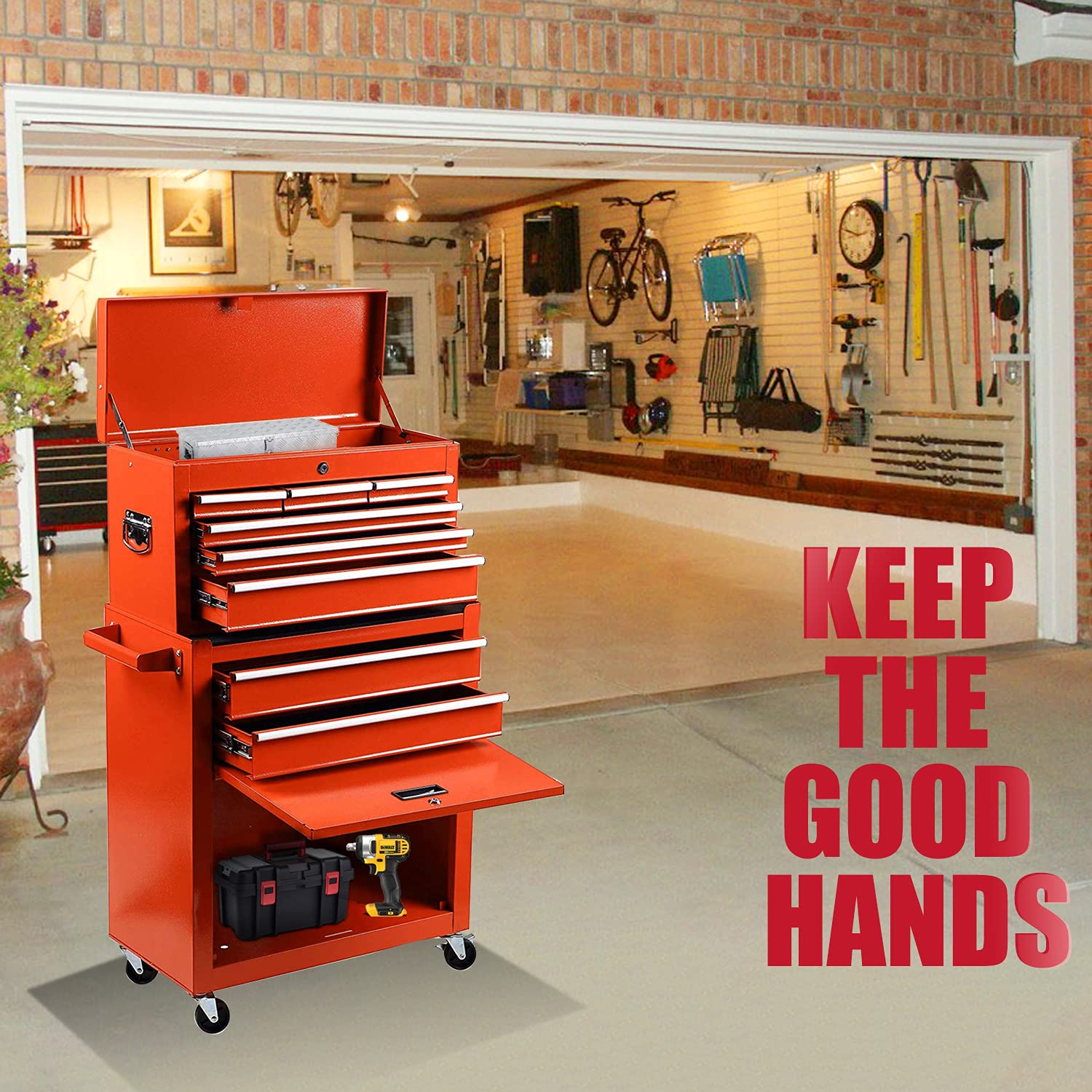 8-Drawer Rolling Tool Chest - 2-in-1 High Capacity Tool Box & Detachable Organizer, Heavy Duty Tool Storage Cabinet with 4 Wheels & Lockable Lined Drawers for Garage, Warehouse, Workshop, Home DIY (Red) - Perfect for Mechanics, Carpenters, and Professional Technicians