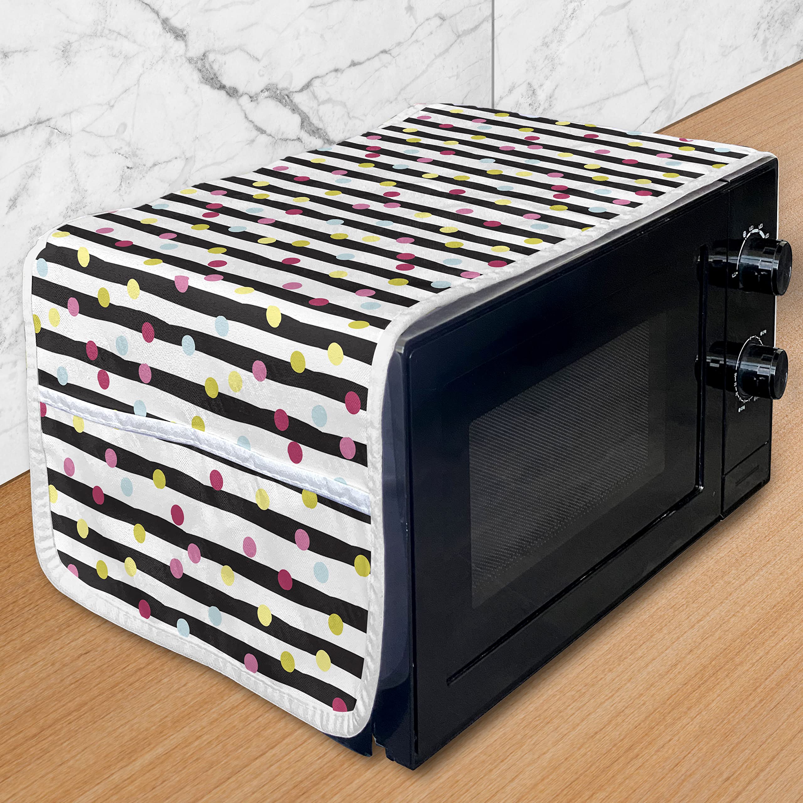 Ambesonne Abstract Microwave Oven Cover - Hand Drawn Monochrome Stripes & Colorful Dots - Waterproof Kitchen Organizer with Pockets (36