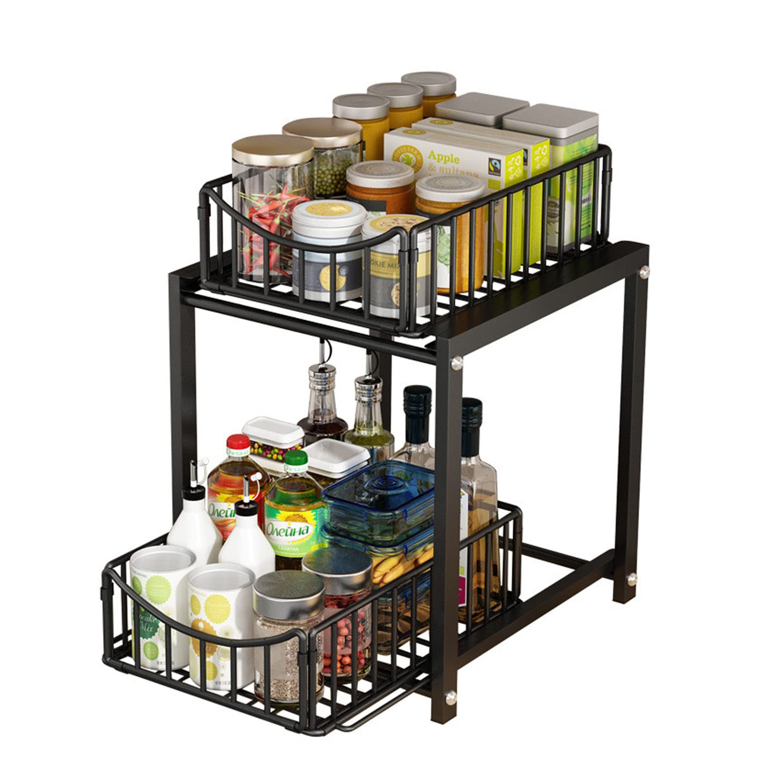 2 Tier Under Sink Organizer with Sliding Drawer - Black Stainless Steel Pull Out Cabinet Organizer for Kitchen & Bathroom - Space Saving Storage Solution for Cleaning Supplies, Sponges & Toiletries