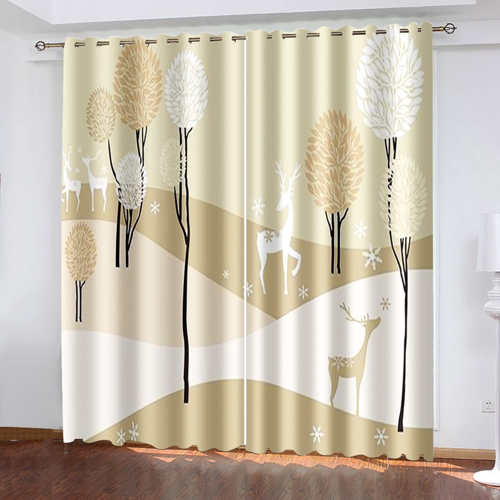 AMDXD Yellow Beige Grommet Curtains for Bedroom Closet Door - Tree Deer Silhouette Design Polyester Window Drapes 84