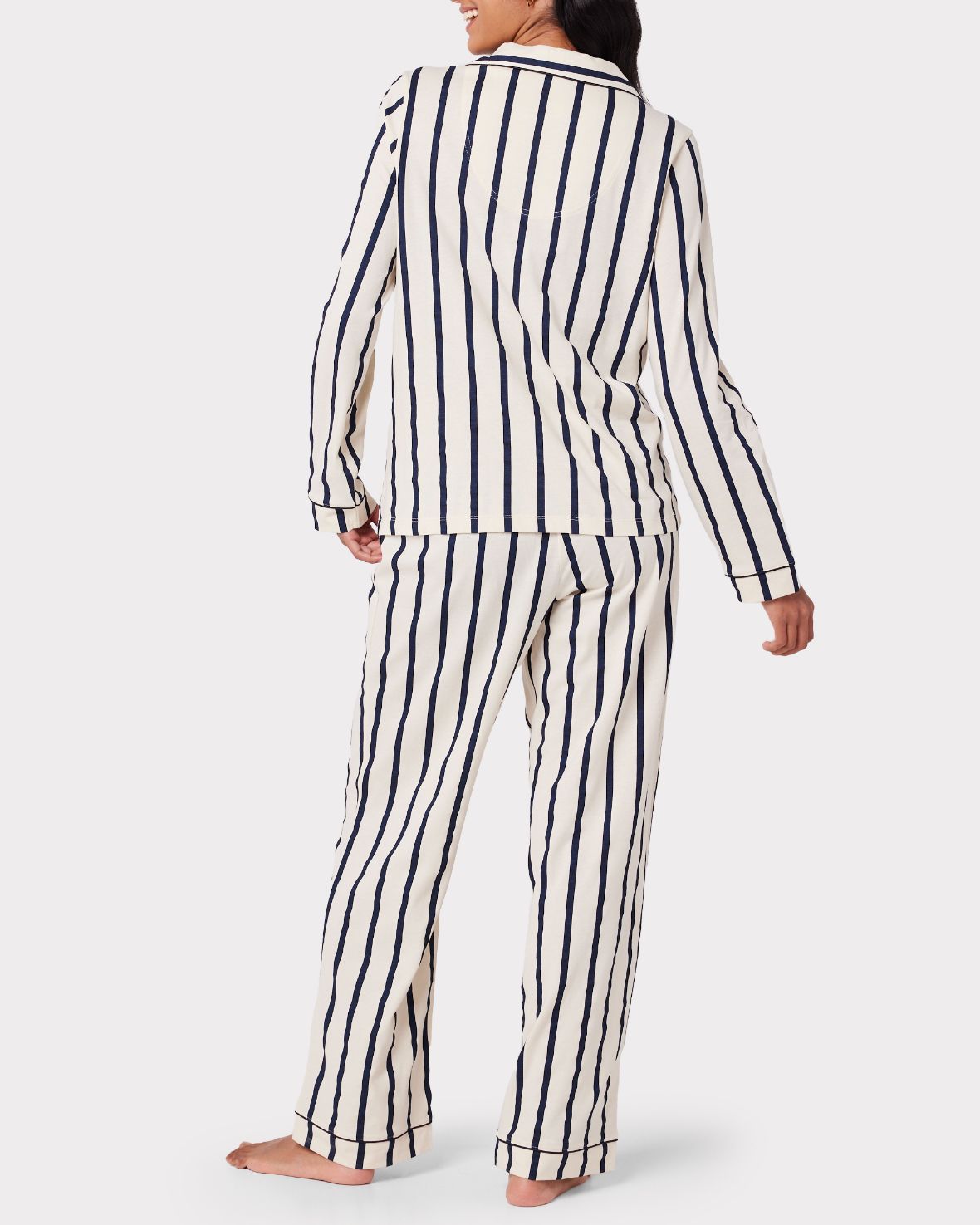 Organic Cotton Striped Long Sleeve Pajama Set for Women - Navy Blue - Soft & Comfortable Sleepwear for Nighttime Relaxation & Lounging