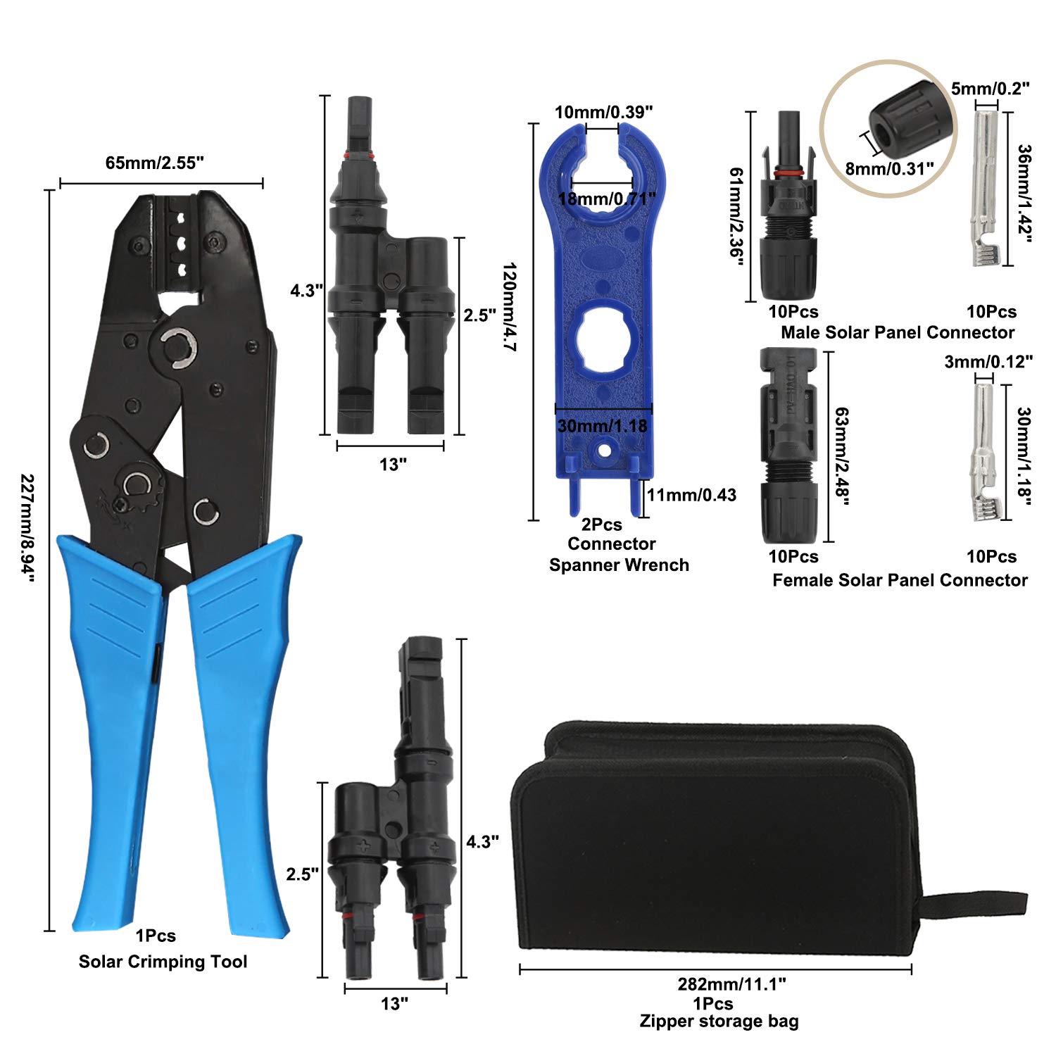 Solar Panel Installation Kit - 10 Pairs MC4 Connectors, 2 Adjustable Wrenches, Y Branch Connector & Crimping Tool for DIY Solar System Assembly (Home, RV, Boat & Off-Grid Power)