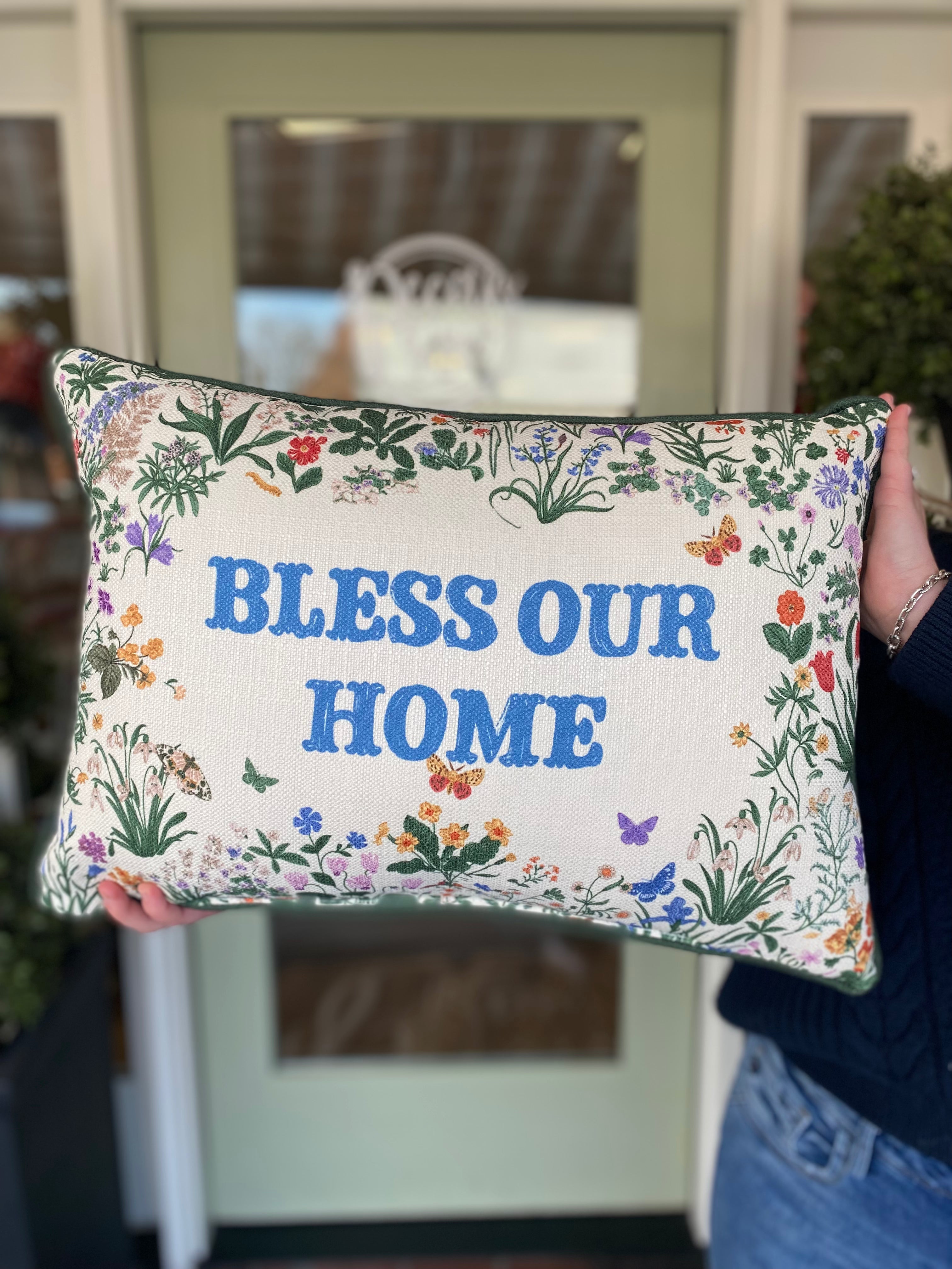Bless Our Home Floral Decorative Pillow - Soft & Stylish Throw Pillow for Couch, Bed, Sofa - Perfect for Living Room, Bedroom & Home Decor
