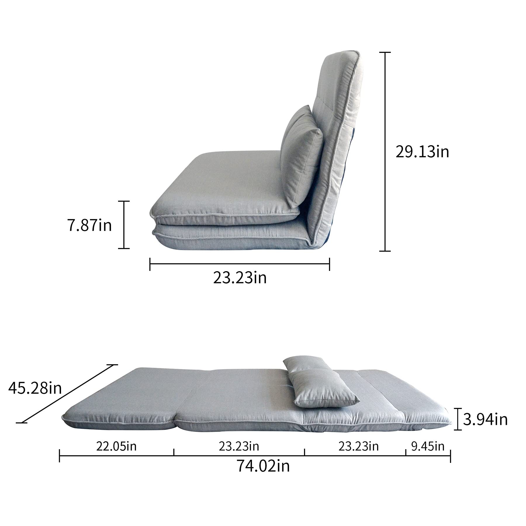 Adjustable Lazy Sofa Bed - Foldable Floor Chaise Lounge Chair, Gaming Sofa Mattress & Futon Couch with 2 Pillows (Gray) | Perfect for Small Spaces, Living Rooms, Dorms & Game Rooms