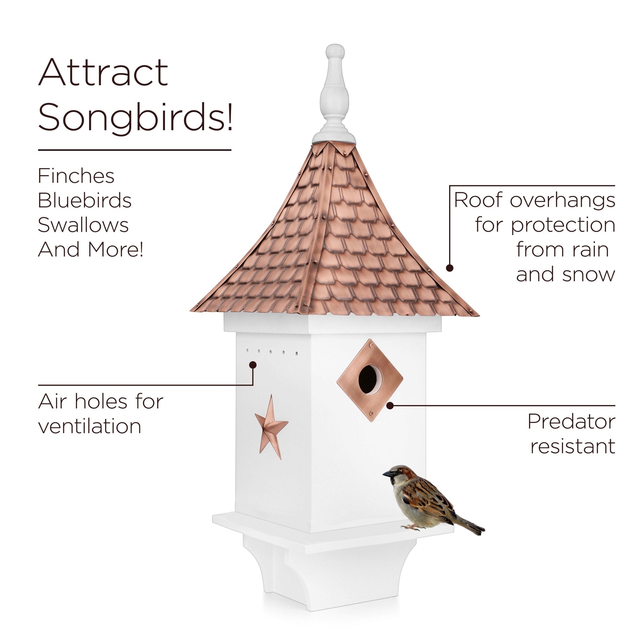 Villa Bird House with Shingled Copper Roof - Handcrafted Wooden Birdhouse for Outdoor Garden Decor - Attract Wild Birds to Your Backyard or Patio