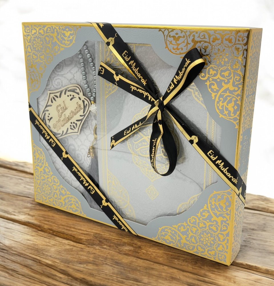 Eid Mubarak Gift Set - Islamic Prayer Mat, Holy Quran & Tasbih Beads - Premium Grey Eid Gifts for Muslims | Perfect for Ramadan, Hajj & Daily Prayers