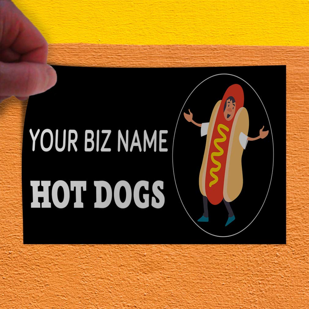 Custom Vinyl Door Decals - Business Name & Hot Dog Stickers (20x14 Inches, Set of 10) - Black & White Restaurant Signage, Food Truck Decals, Outdoor Car Bumper & Luggage Stickers for Restaurants, Food Trucks & Retail Stores