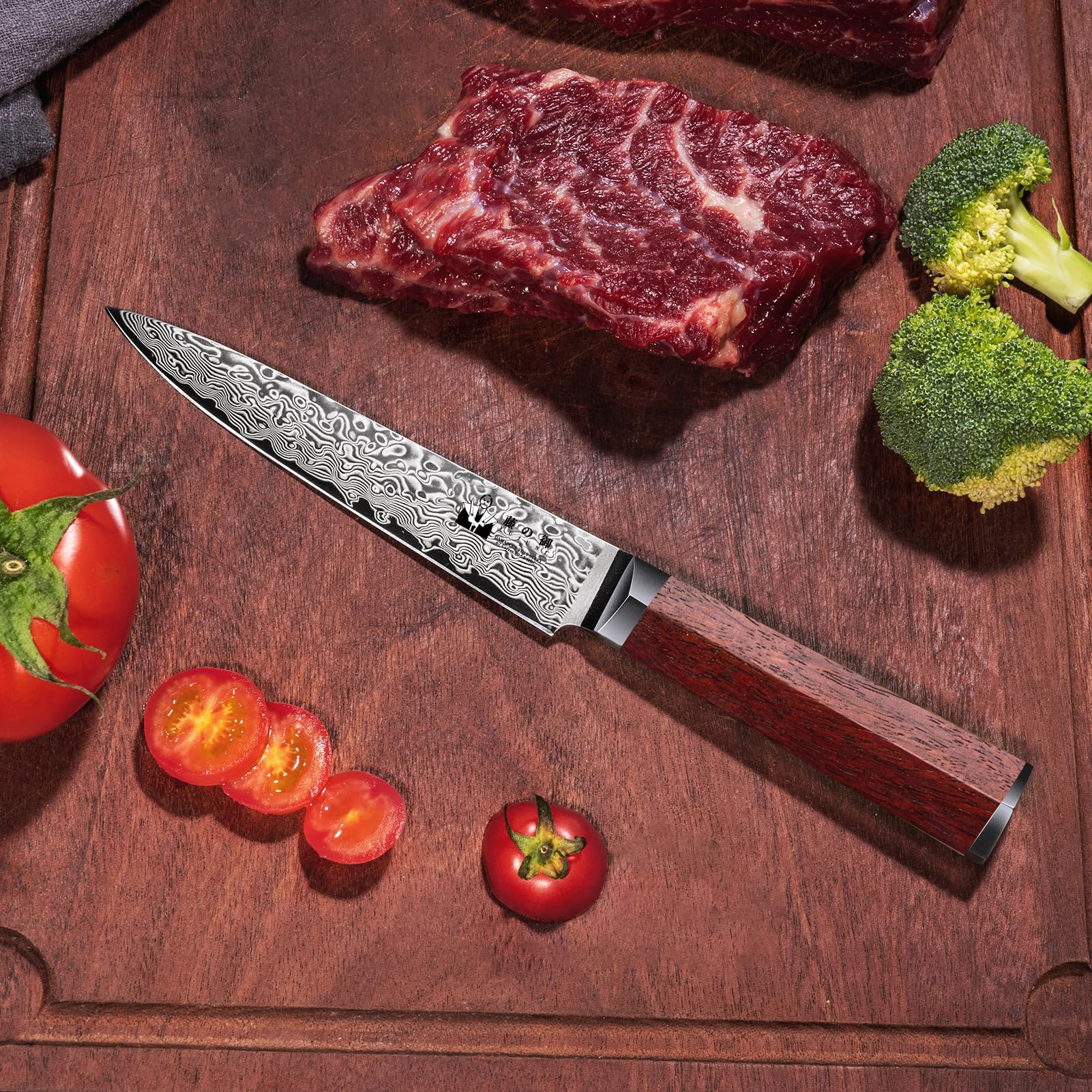 5 Inch Damascus Kitchen Utility Knife - 67-Layer VG10 Steel Ultra Sharp Professional Paring Knife with Hexagon Natural Wood Handle - Perfect for Slicing Fruits, Vegetables & Precision Cooking Tasks