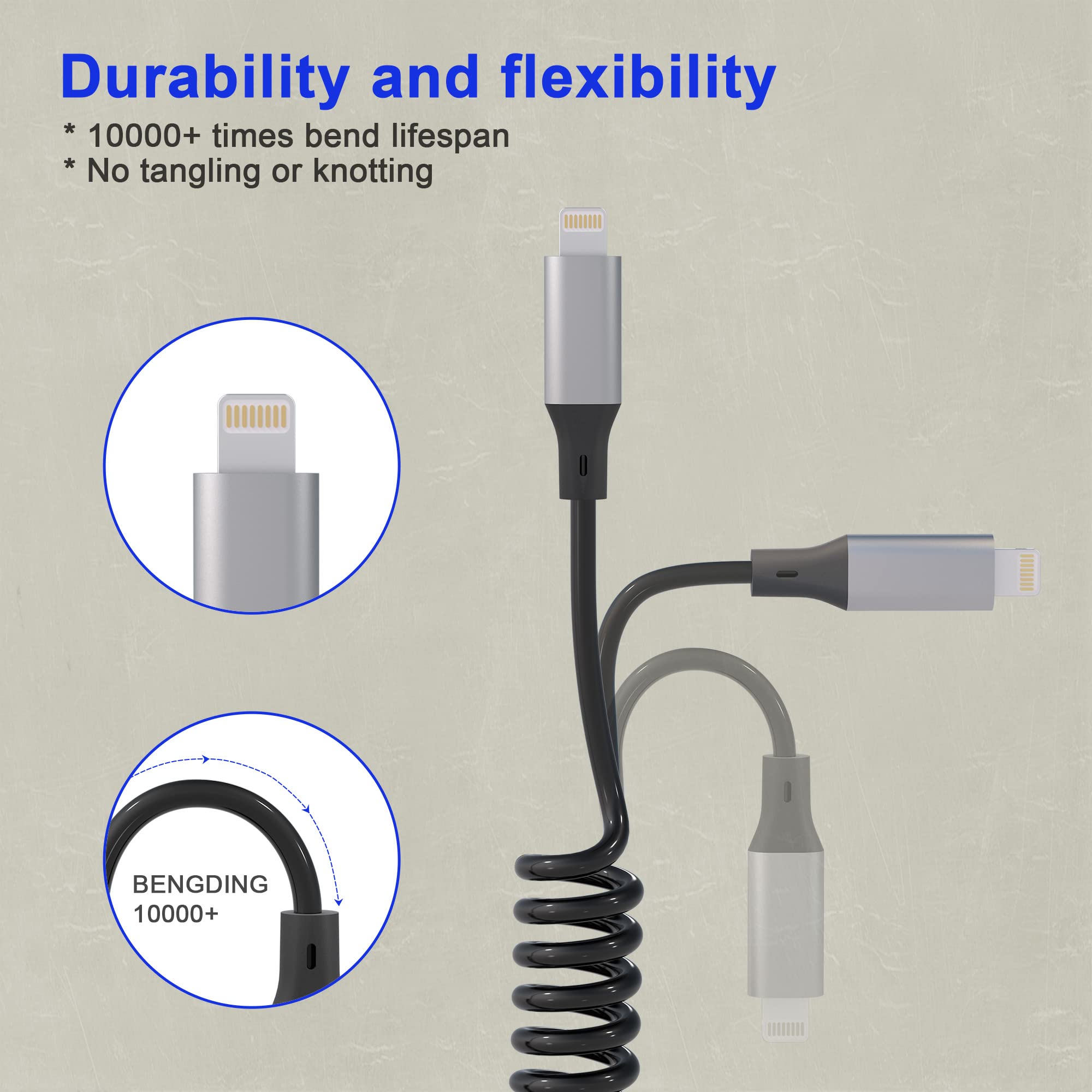 Apple MFi Certified Coiled Lightning Cable - USB to Lightning Charger Cord with Data Sync, Retractable iPhone Charger for iPhone/iPad/iPod (Compatible with Apple CarPlay) - Perfect for Car Charging, Home & Office Use