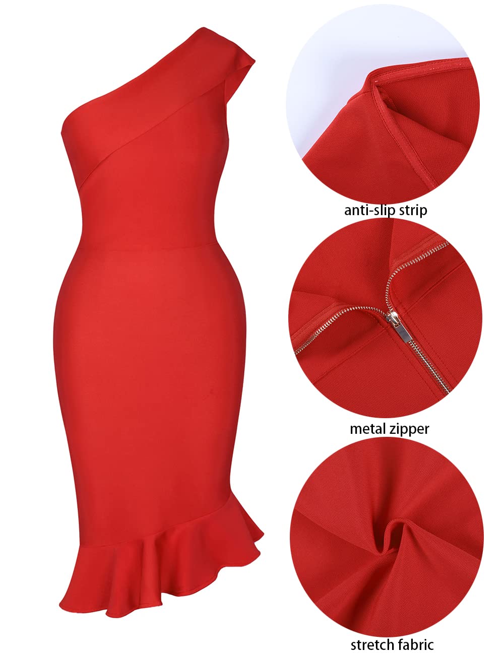 UONBOX Women's Sexy One Shoulder Sleeveless Bodycon Dress - Midi Mermaid Bandage Party Dress for Club, Night Out, Cocktail & Formal Events