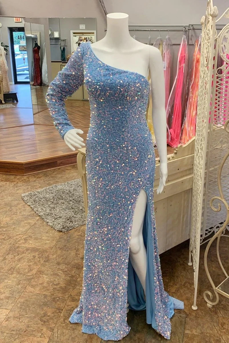 Elegant Light Blue Sequin Prom Dress - One Shoulder Mermaid Evening Gown with High Slit | Perfect for Homecoming, Formal Dances & Special Occasions