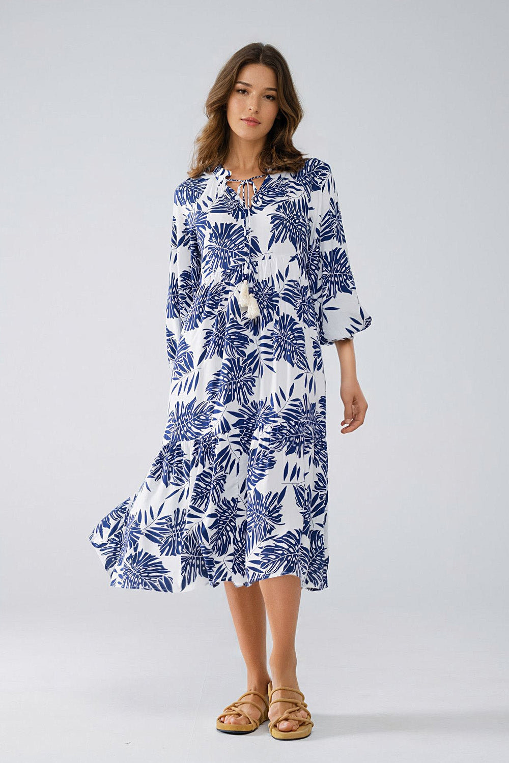 Boho Long Sleeve Balloon Robe with Dark Blue and White Leaf Print - Perfect for Beach Cover-Ups, Loungewear, and Boho Chic Outfits