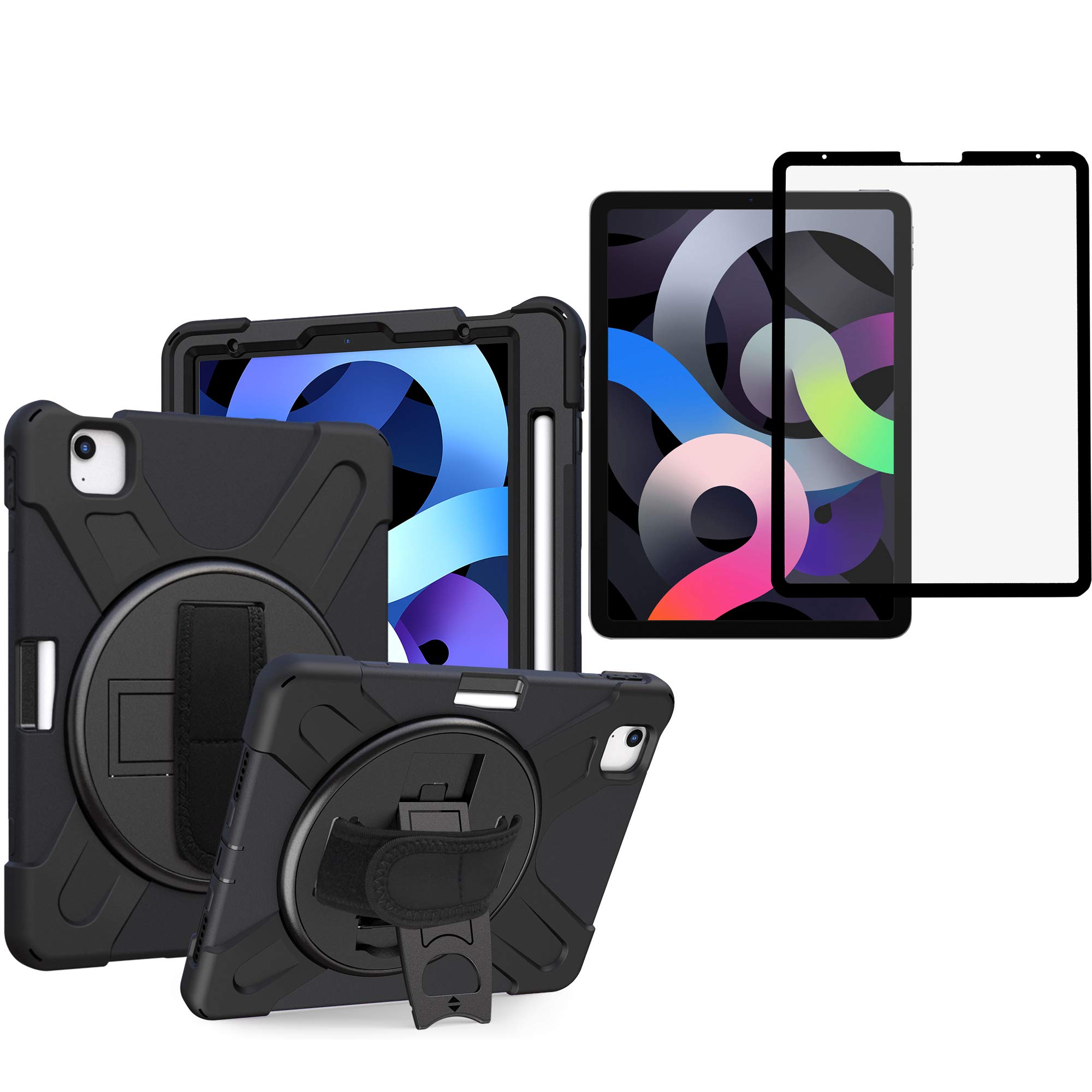 Shockproof Case for iPad Air 4th/5th Gen (2020/2021) - Heavy Duty Full Body Cover with Stand & Shatterproof Ceramic Screen Protector | Perfect for Travel, Work & Outdoor Use (Black)