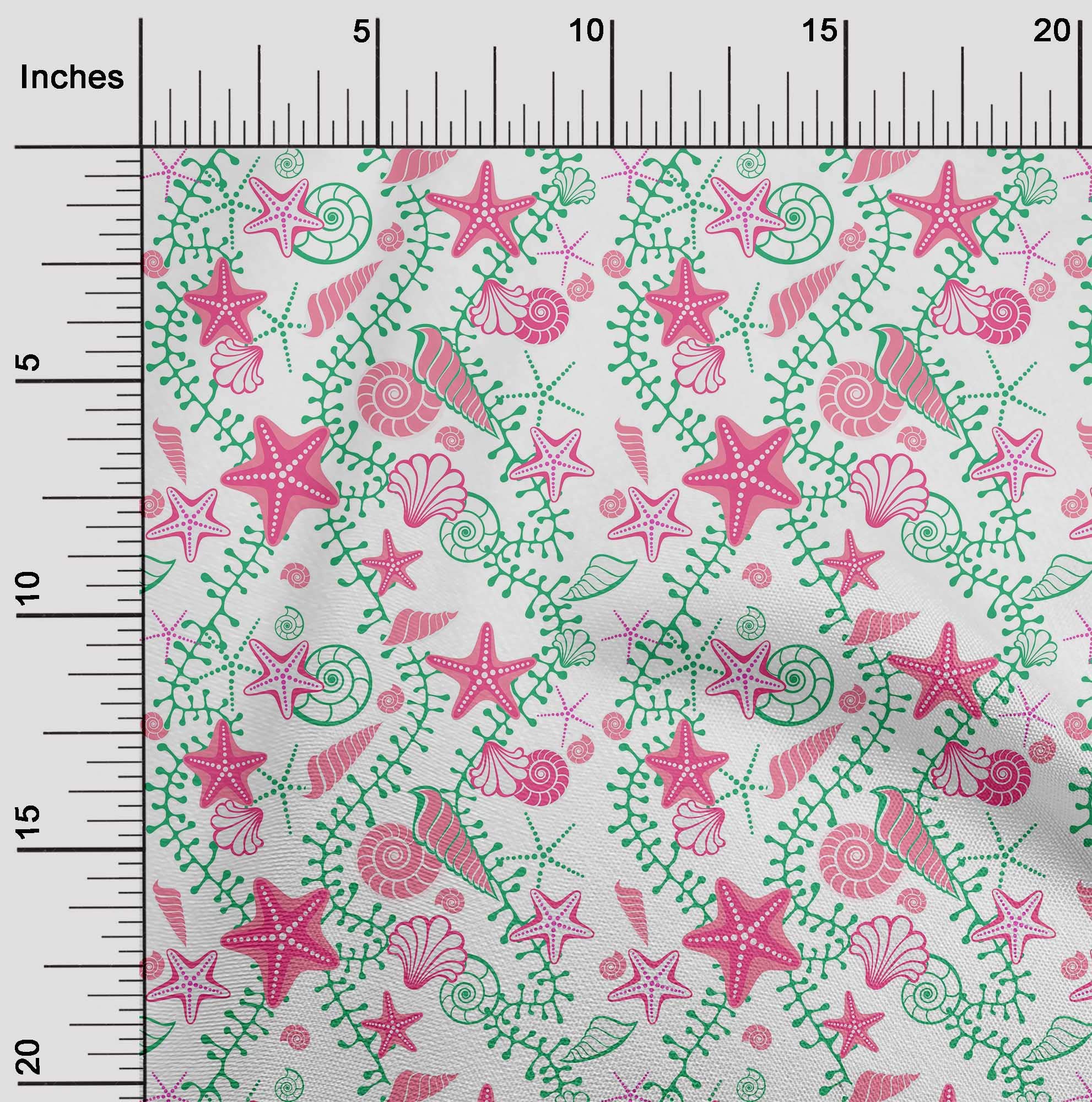 Premium 100% Cotton Cambric Pink Fabric with Beach Starfish & Shell Print - 56 Inch Wide by The Yard | Perfect for Summer Dresses, DIY Projects & Beachwear