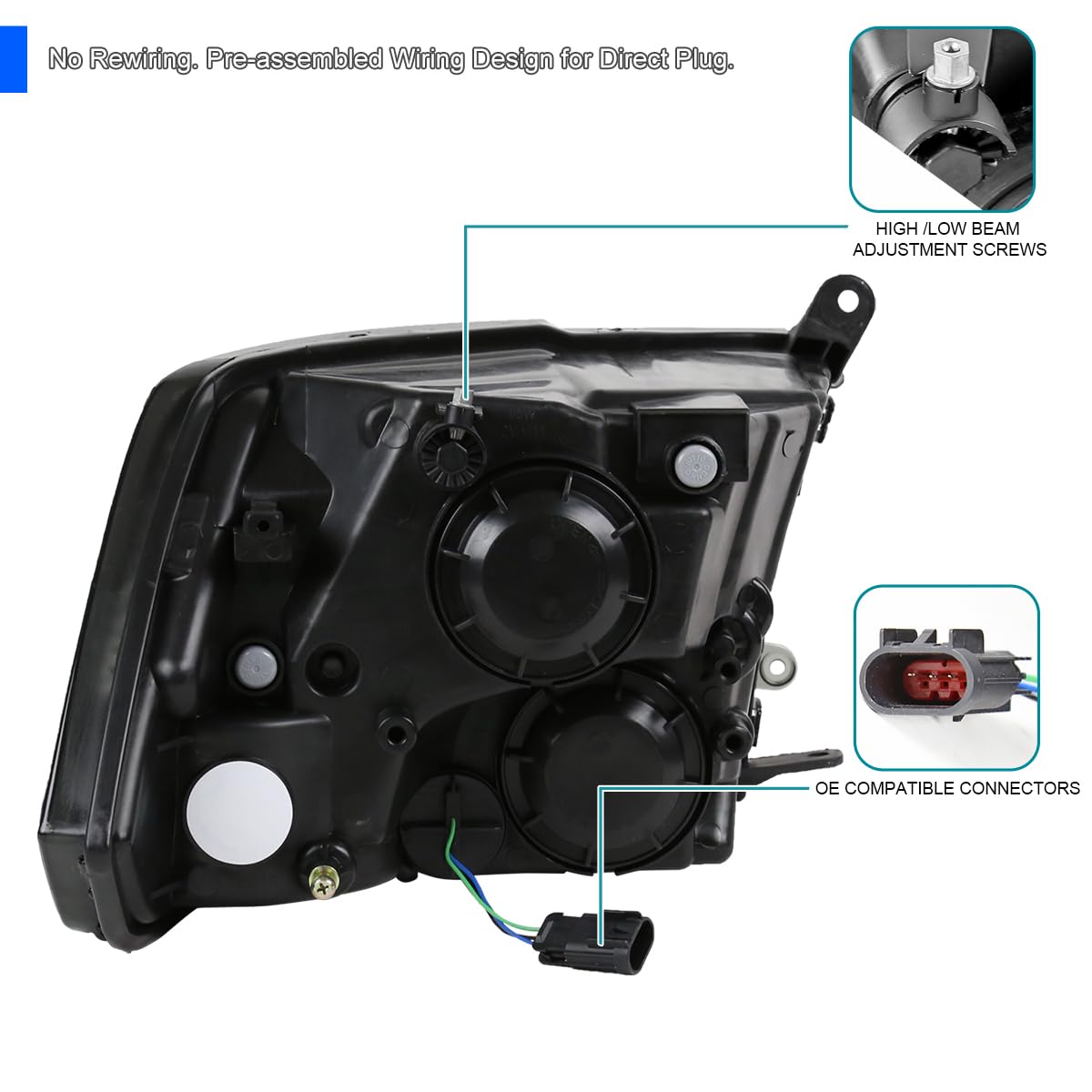 Spec-D Tuning Black Quad Projector Headlights for 2009-2018 Dodge Ram 1500/2500/3500 - Left & Right Pair LED Headlight Assembly - Upgrade for Night Driving & Off-Road Adventures