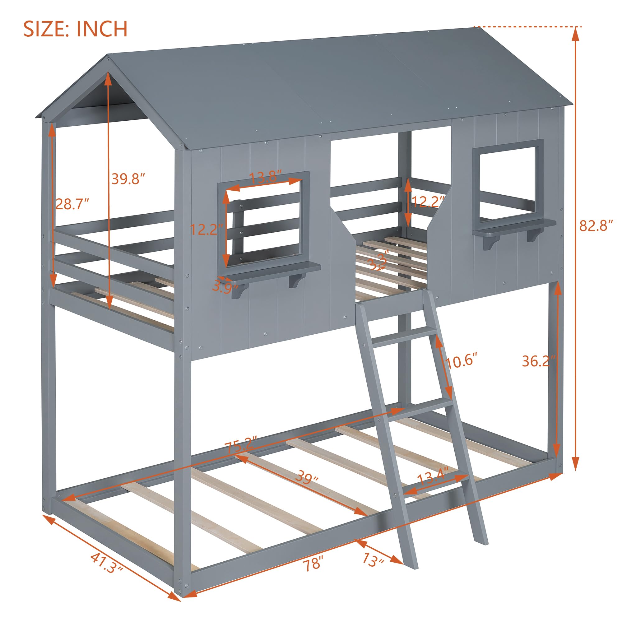 Polibi Twin-Over-Twin Wooden Bunk Bed with Playhouse Design - Farmhouse Style Kids Bunk Bed with Ladder & Safety Guardrails - Space-Saving Grey Bunk Bed for Kids' Bedroom, Playroom or Small Spaces