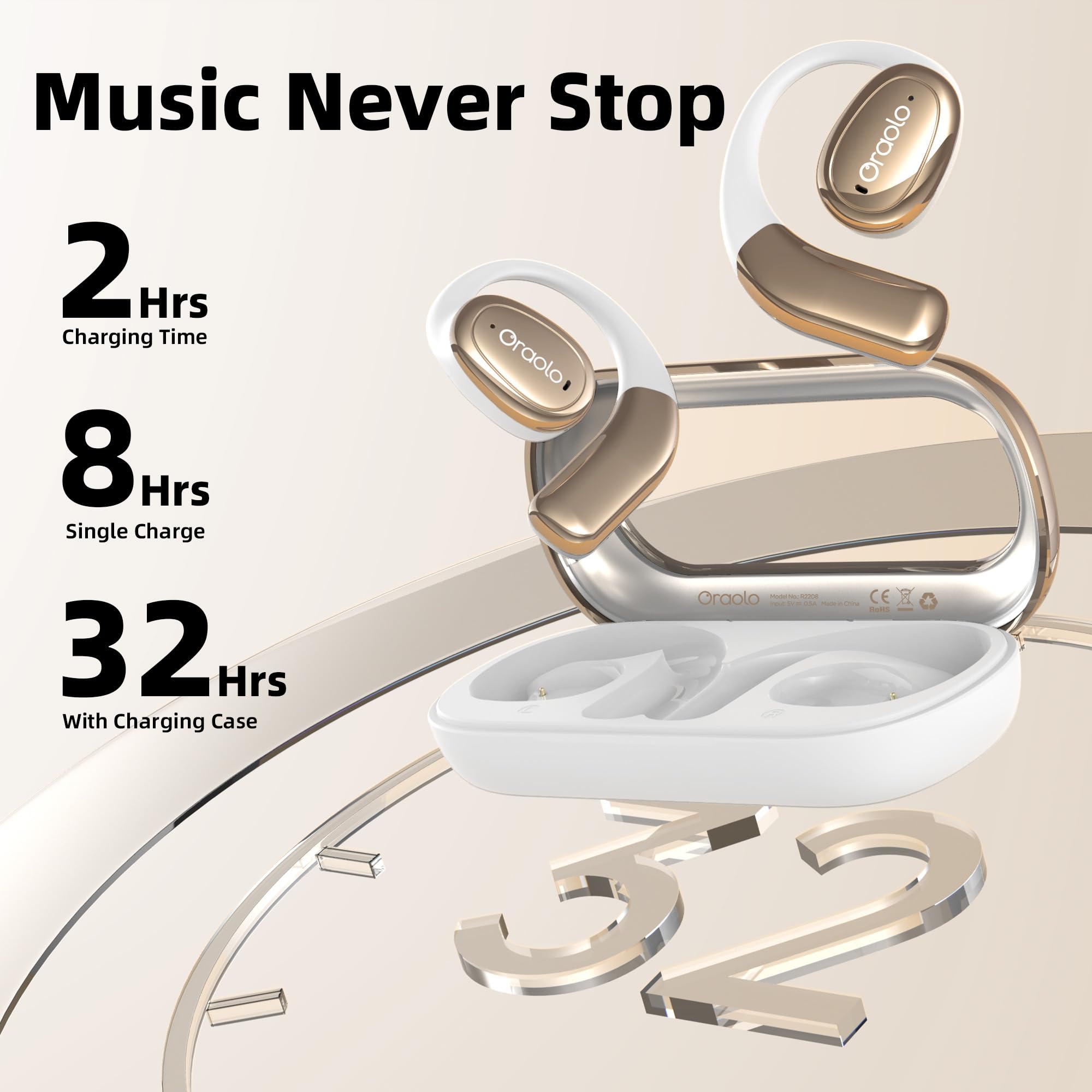 Oraolo Open Ear Bluetooth Headphones 5.4 Wireless Earbuds - 16.2mm Large Driver, AI Noise Canceling, 32H Playtime, IPX5 Waterproof - Perfect for Running, Cycling, Gym Workouts & Outdoor Activities