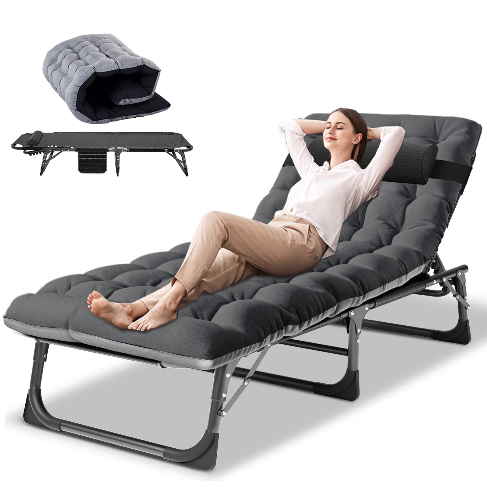 DoCred 5-Position Adjustable Folding Lounge Chair with Mattress - Portable Sleeping Bed Cot for Outdoor Sunbathing, Camping, Beach, Poolside & Patio Relaxation - Perfect for Backyard, Travel & Picnic Use
