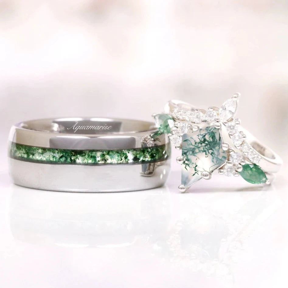 Skye Kite™ Moss Agate Couples Ring - Matching Promise Rings for Him & Her - Natural Stone Wedding Band Set - Perfect for Anniversaries, Engagements & Romantic Gifts