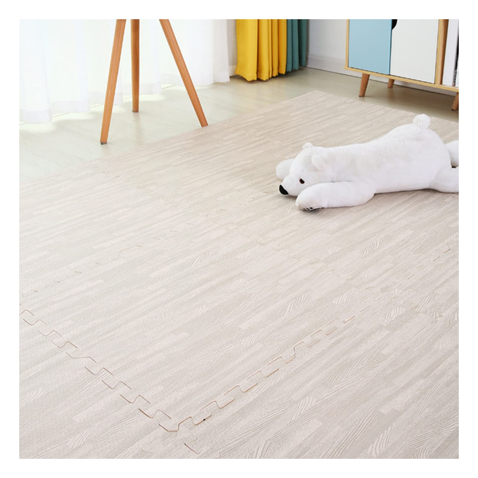 16-Piece Interlocking Foam Floor Mats - Wood Grain Design, Non-Slip Puzzle Play Mat with Edge Trim (60x60x1.2cm, White) for Kids Playroom, Nursery, Gym & Home Protection