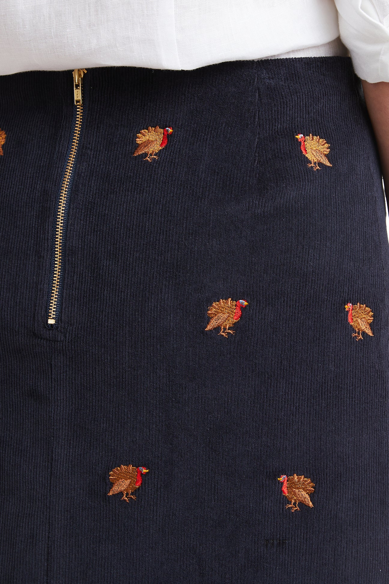 Women's Corduroy Skirt - Nantucket Navy with Turkey Print | Casual A-Line Midi Skirt for Fall & Winter | Perfect for Office, Date Night & Holiday Outfits