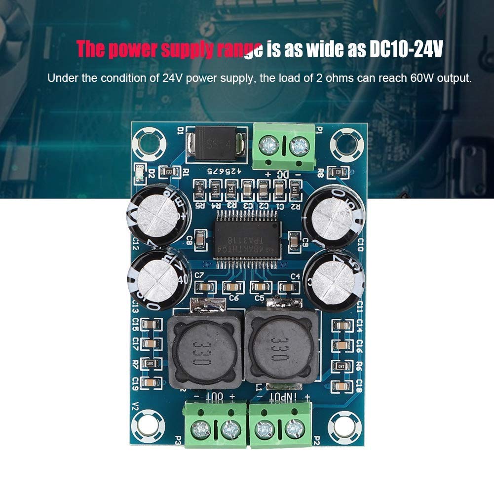 TPA3118 Mono Channel Digital Amplifier Board - 60W High Power Audio AMP Module DC 10-24V for Home Theater, DIY Speakers, Car Audio & Portable Sound Systems