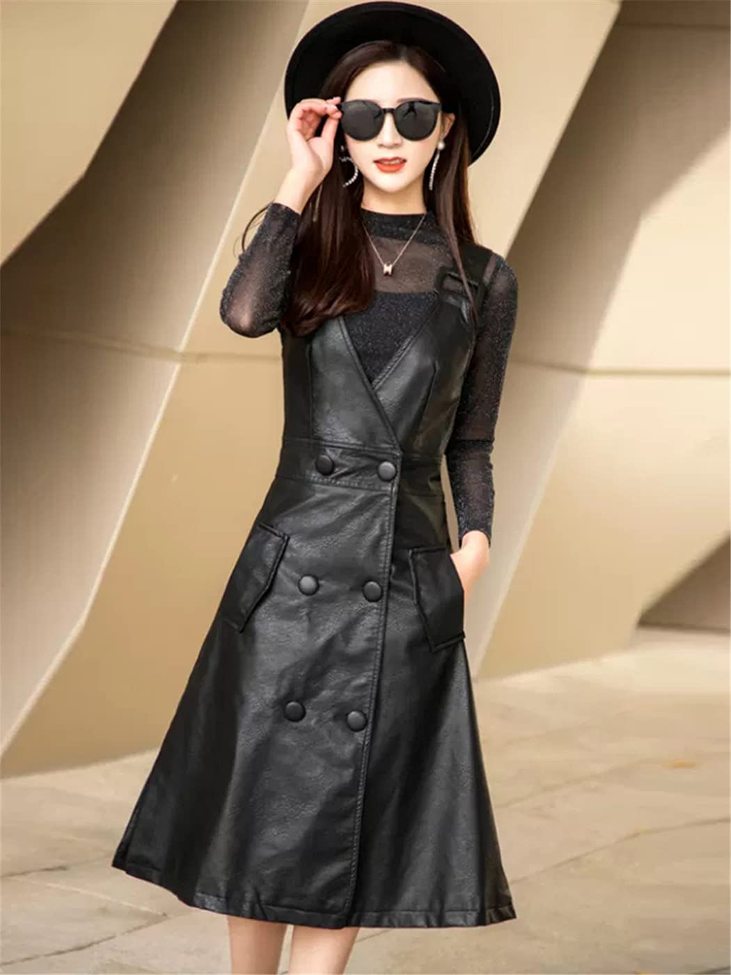 Elegant Women's Summer Long PU Leather Dress - Korean Style Strap Midi Faux Leather Dress for Office, Party & Date Night Outfits