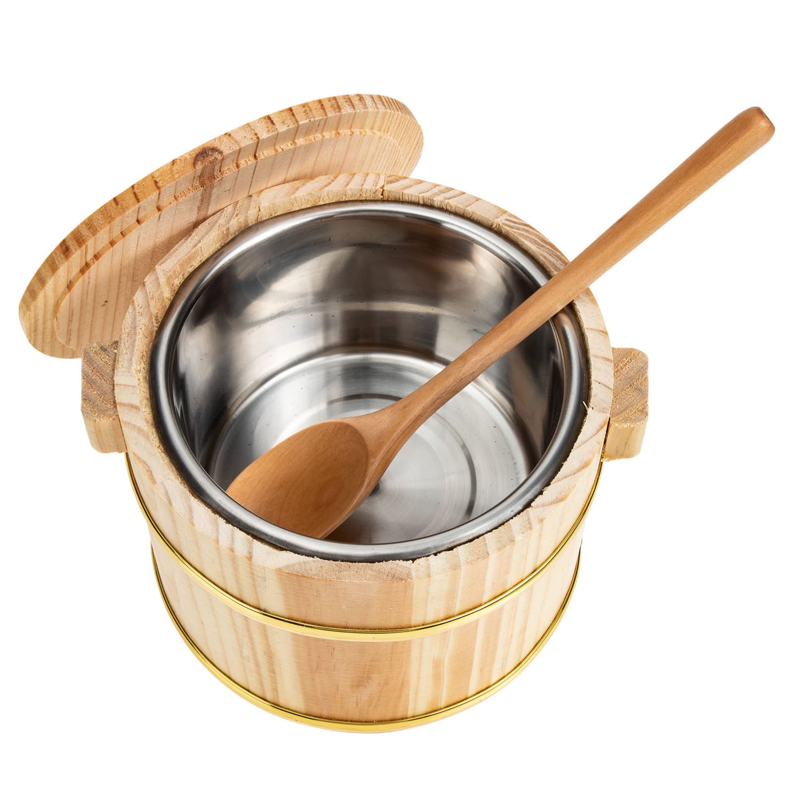 Premium Japanese Wooden Sushi Rice Bowl Set with Stainless Steel Inner Pot - 4.72 x 4.72 x 6.29 Inch Wooden Food Container with Lid & Spoon - Ideal for Sushi, Rice Storage, Meal Prep & Asian Dining Experience