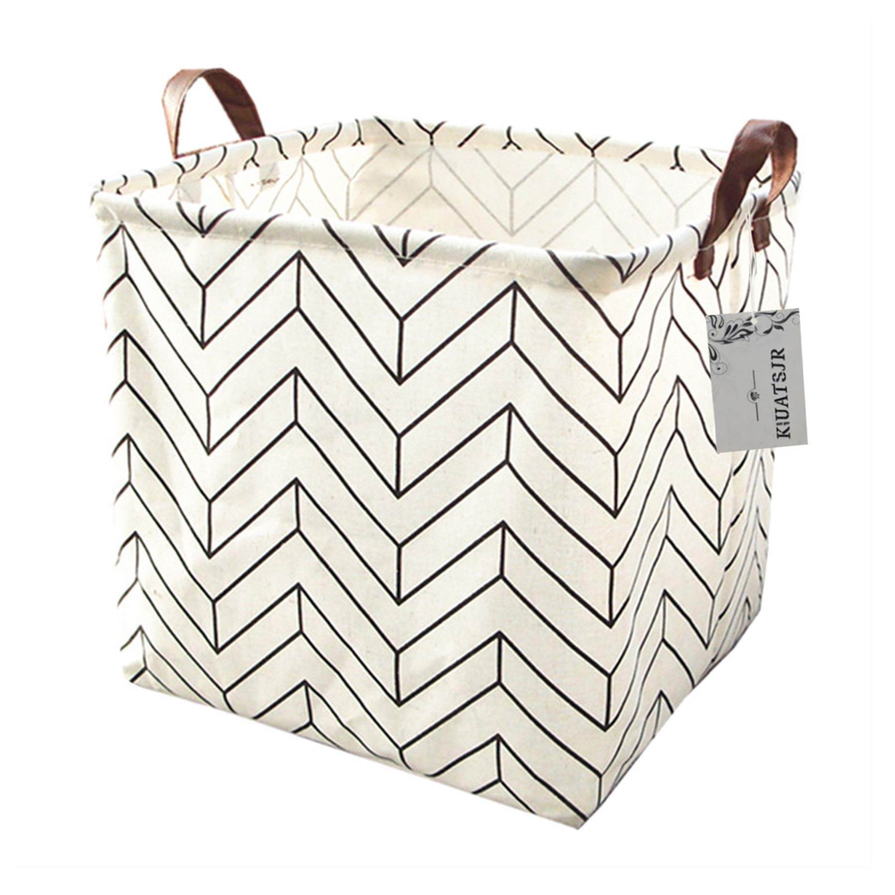Square Canvas Toy Storage Bins with Handles - Collapsible Organizer for Nursery, Kids Toys & Laundry | Foldable Fabric Basket for Home Organization | Perfect for Playroom, Bedroom & Gift Giving (White Geometric Pattern)