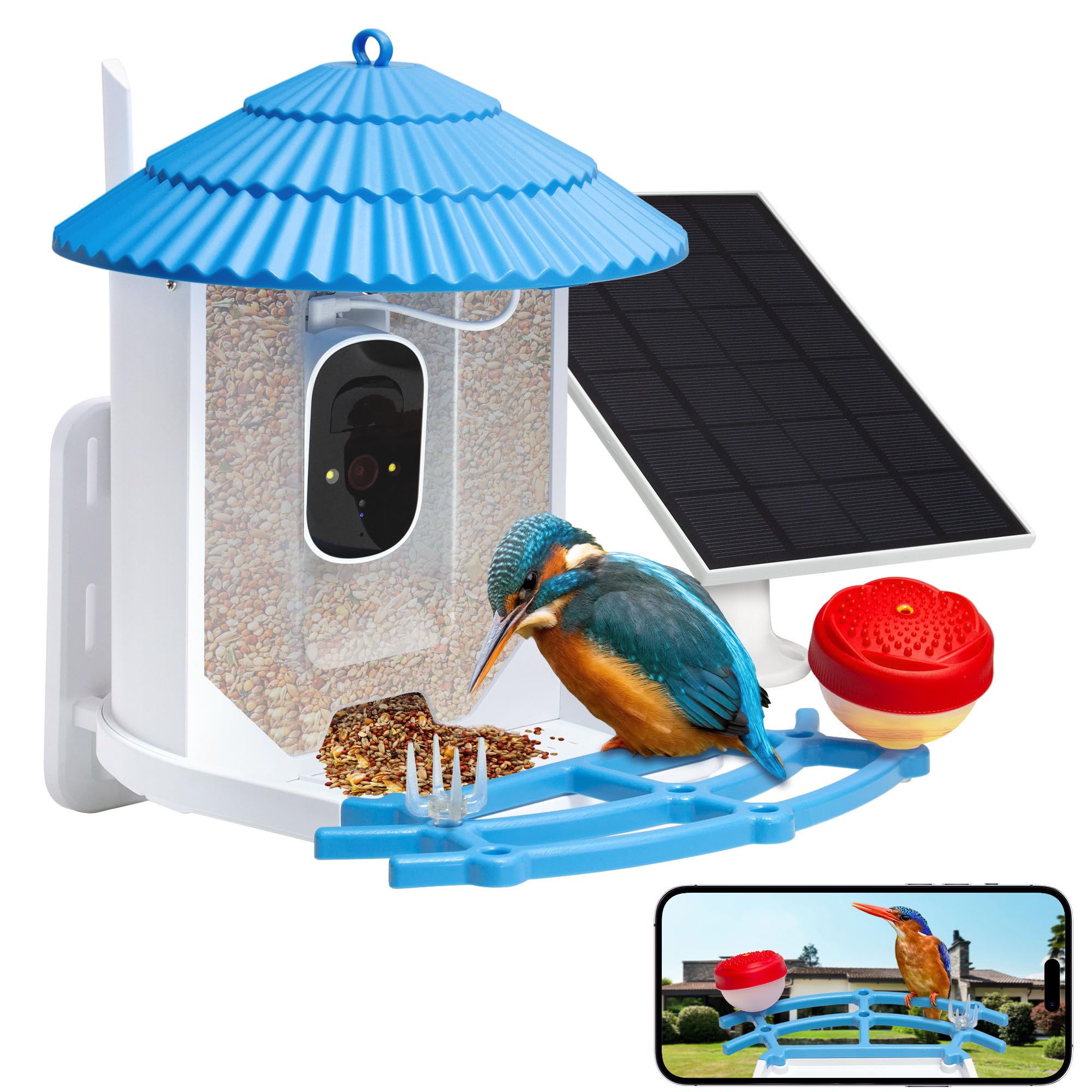 Smart WiFi Bird Feeder with Camera - Solar Powered Squirrel Proof Outdoor Birdhouse for Hummingbirds & Wild Birds - Wireless Video Monitoring, Perfect Garden Gift for Dad, Mom, Women & Bird Lovers (Great for Backyard Bird Watching & Nature Observation)